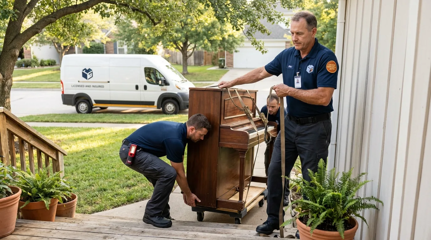Licensed piano movers securing grand piano in Auburn, ME