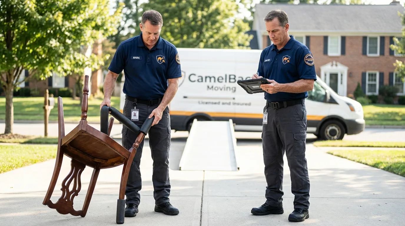 Movers inspecting furniture for damage prevention before loading in Auburn, ME