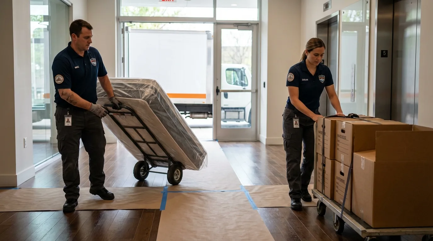 Professional apartment movers loading elevator in Auburn, ME